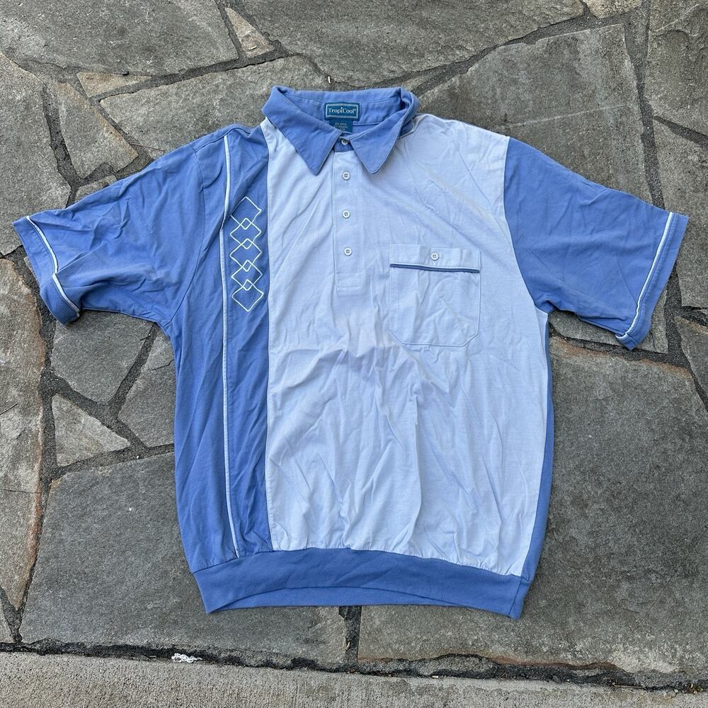 TropiCool Polo Shirt Mens Large Blue Retro Bowling Style Vacation Resort